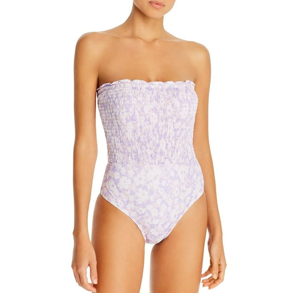 Peony Floral Print Strapless Smocked One-Piece Swimsuit , Purple, Purple, 12