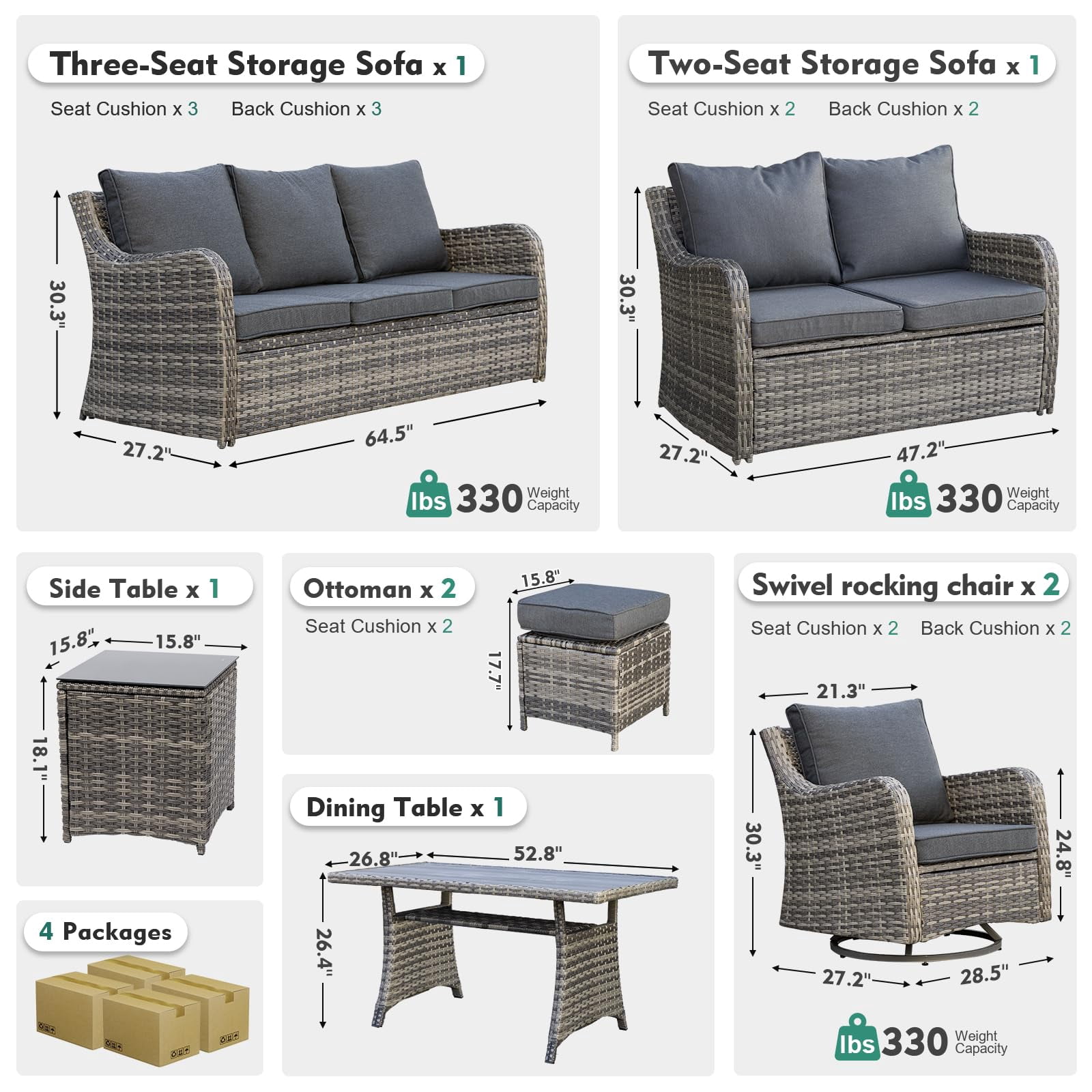 MEISSALIVVE 8 Pieces Patio Furniture Set with Dining Table, Outdoor Wicker Conversation Set with 3-Seat & 2-Seat Sofas, Wicker Armrest Swivel Chairs, 2 Ottomans, Gray