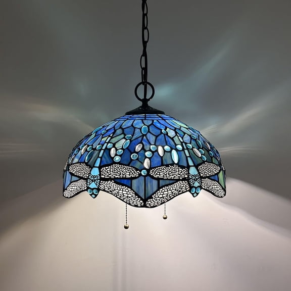 Tiffany Pendant Lights Blue Stained Glass Dragonfly LED Bulb Included for Dining Room Hotel Restaurant Cafe 16"W*16"D*75"H