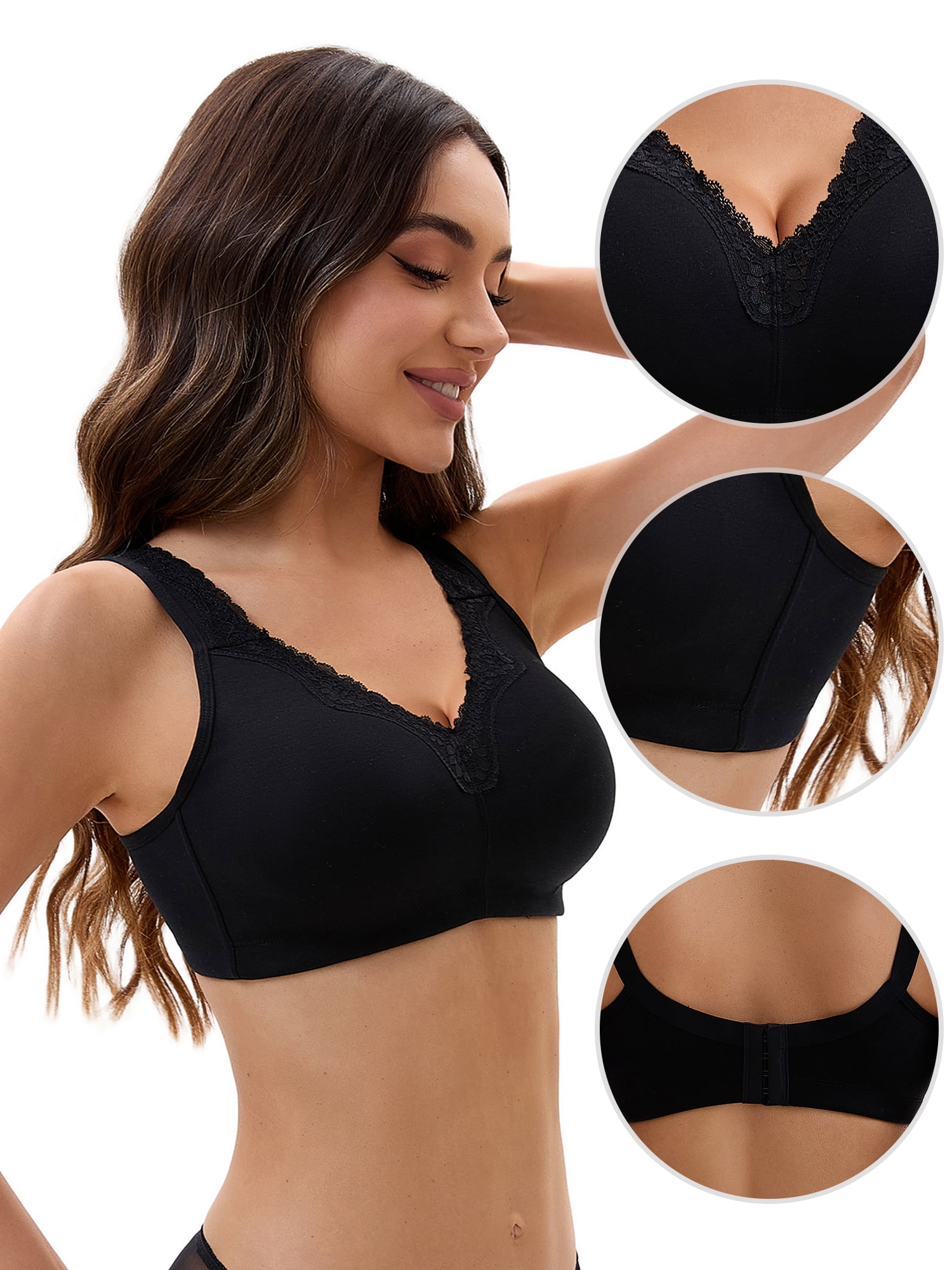 Unique Bargains Women's Lace Trim Full Coverage Adjustable Strap Bras E 36 Black