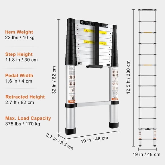 VEVOR Telescoping Ladder,   Aluminum One-button Retraction Collapsible Extension Ladder, Capacity with Non-slip Feet, Portable Multi-purpose Compact Ladder for Home