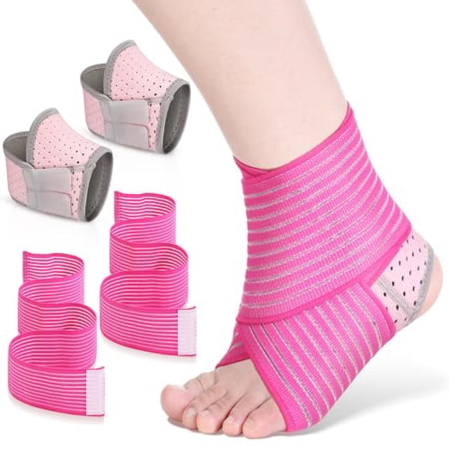Lsupdaol 2 Pairs Kid's Ankle Support Brace Elastic Ankle Compression Sleeve Neoprene Wraps Adjustable Sports Foot Brace Protector Breathable Calf Ligament Compression Bandage(Pink)