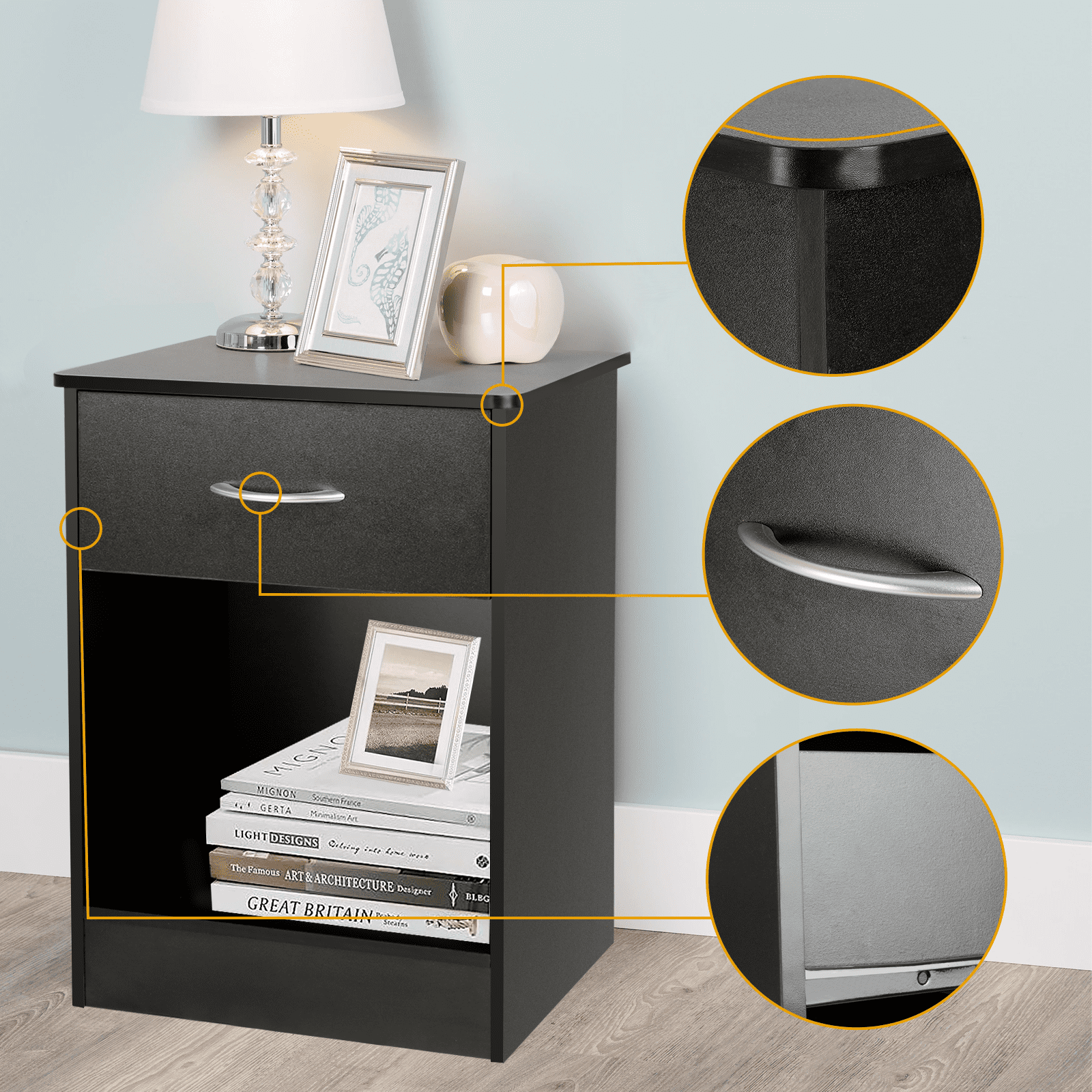 TUSY Nightstand Bedside Furniture End Table Small Dresser with Drawer Open Storage Shelf Durable Wood Top for Bedroom Living Room Black