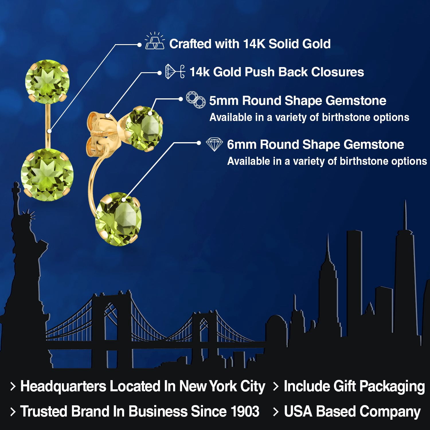 Gem Stone King 14K Yellow Gold Green Peridot Stud Earrings for Women | 3.10 Cttw | Gemstone August Birthstone | Round 6MM