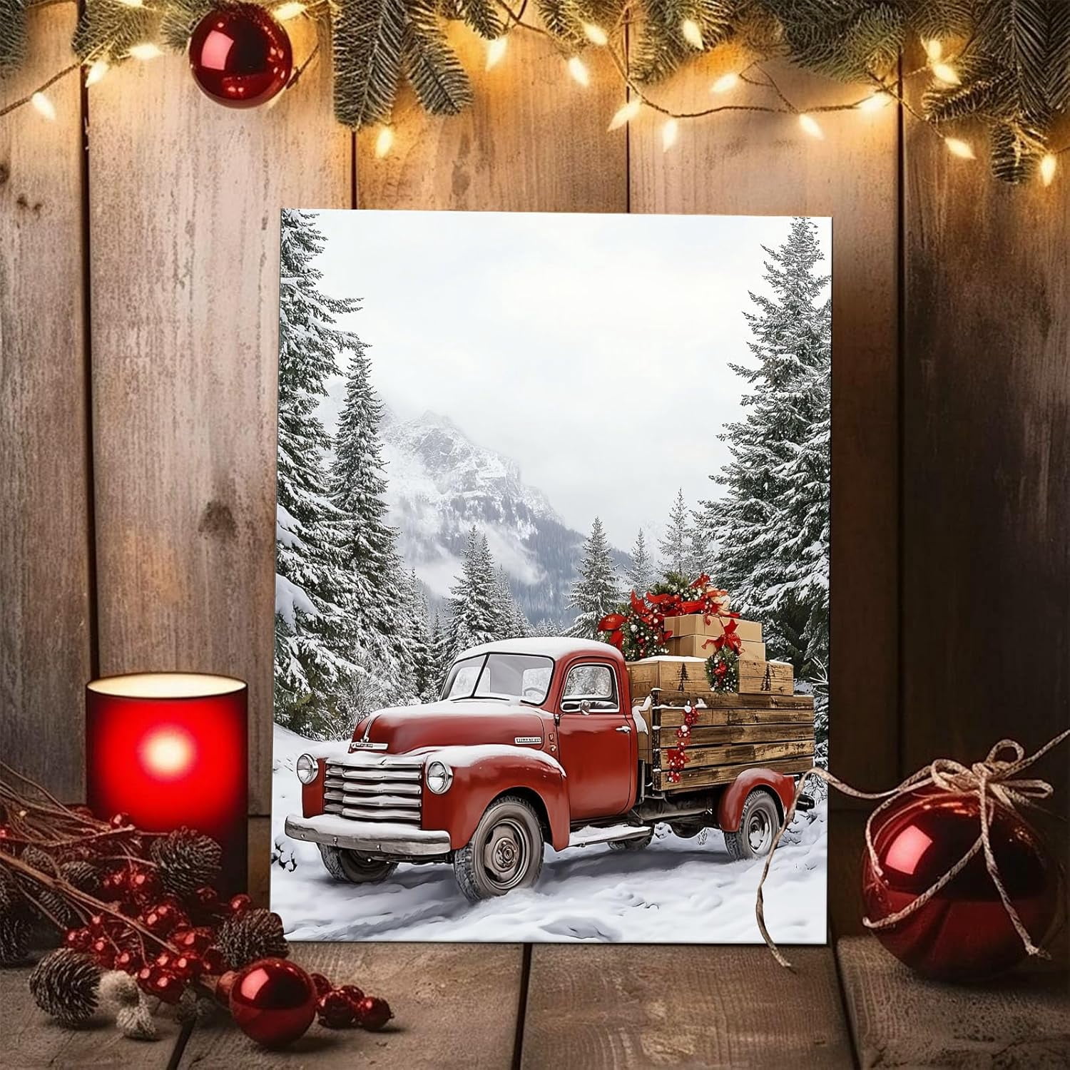 Christmas Canvas Wall Art Decor with Truck on Snowy Road, Gifts and Snow-Covered Pines, Holiday Canvas Print for Living Room and Bedroom, Festive Fixed Canvas for Winter Home Décor,24X30inch