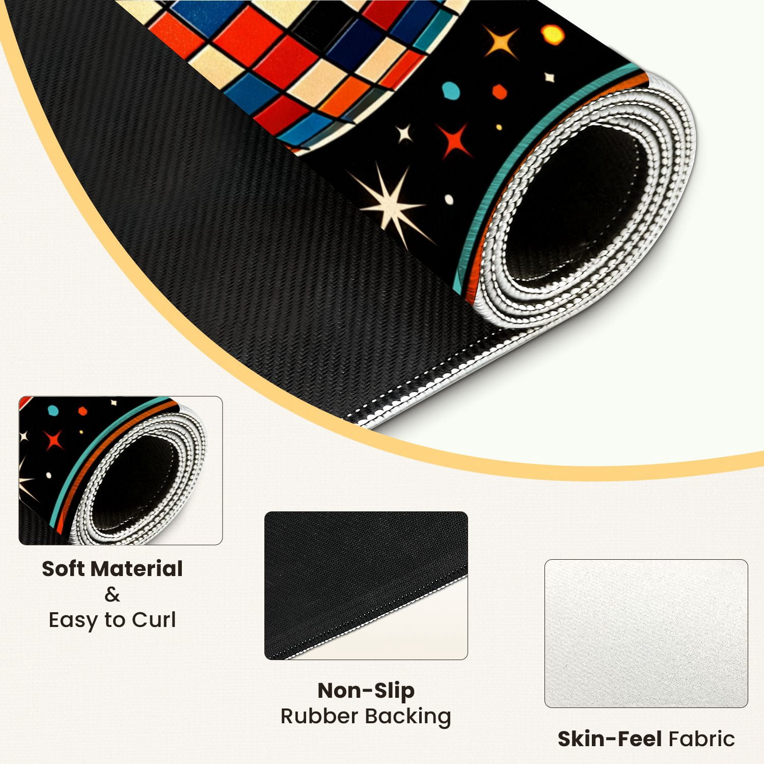 Mahjong Mat 31.5" x 31.5" Retro Disco Ball Colorful Geometric Tiles Sparkling Stars Non-Slip Noise Reduction Mahjong Tiles Table Cover for Dominoes Poker Card Board and Tile Games