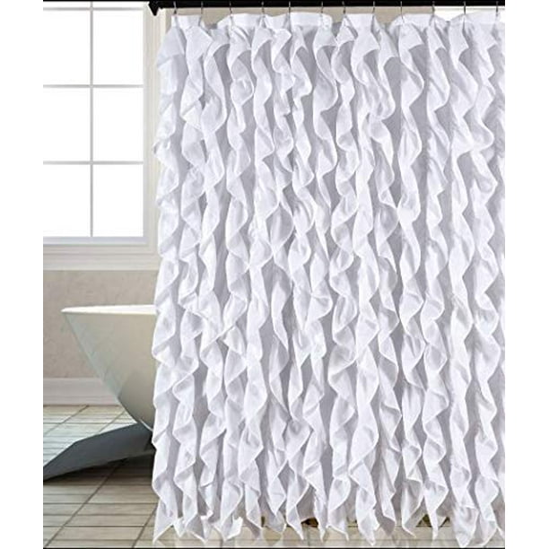 Waterfall Shabby Chic Ruffled Fabric, White Ruched Shower Curtain