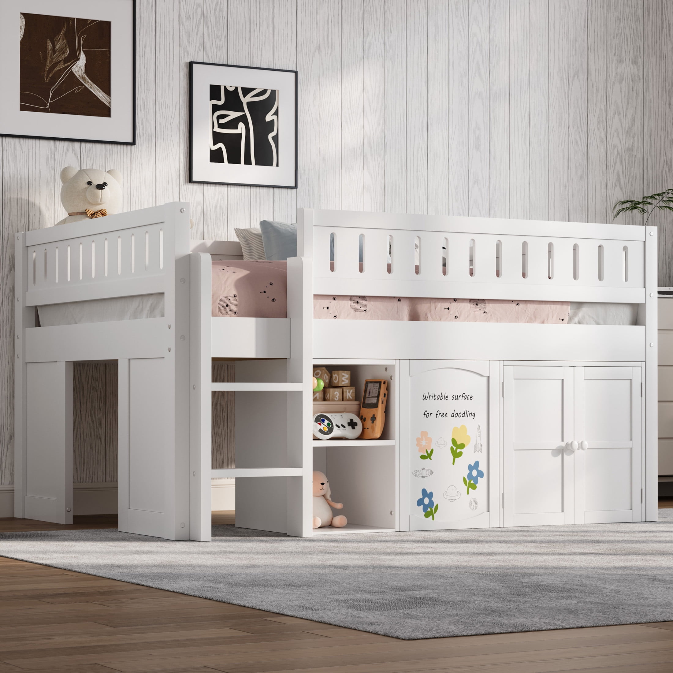 Noble House Blanche Full Loft Bed, Creative Chalkboard Panel and Double Door Storage Cabinet, Solid Wood Frame, White