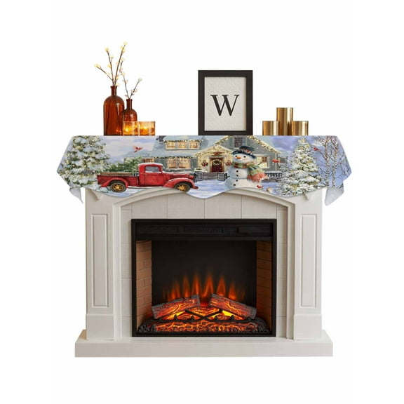 Farmhouse Christmas Fireplace Mantle Scarf, Xmas Snowman Tree Truck Snowflake Mantel Cover Table Runner for Home Living Room Door Window, Indoor Outdoor Holiday Party Decor 17" x 60"