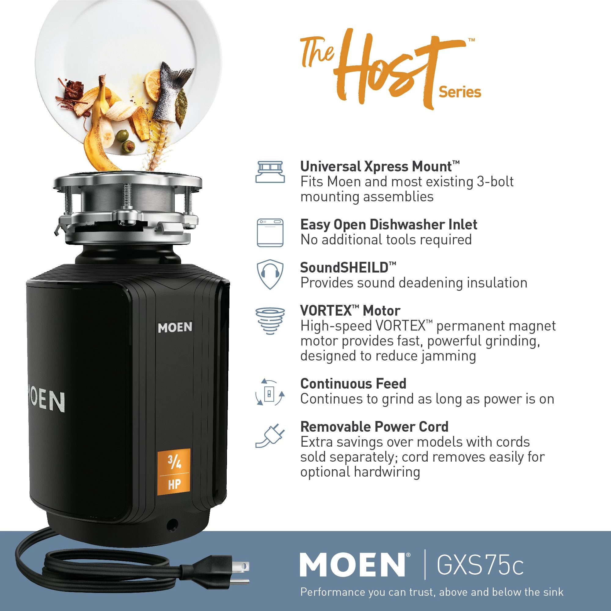 Moen Host Series 3/4 HP Continuous Feed Garbage Disposal with Sound  Reduction, GXS75C