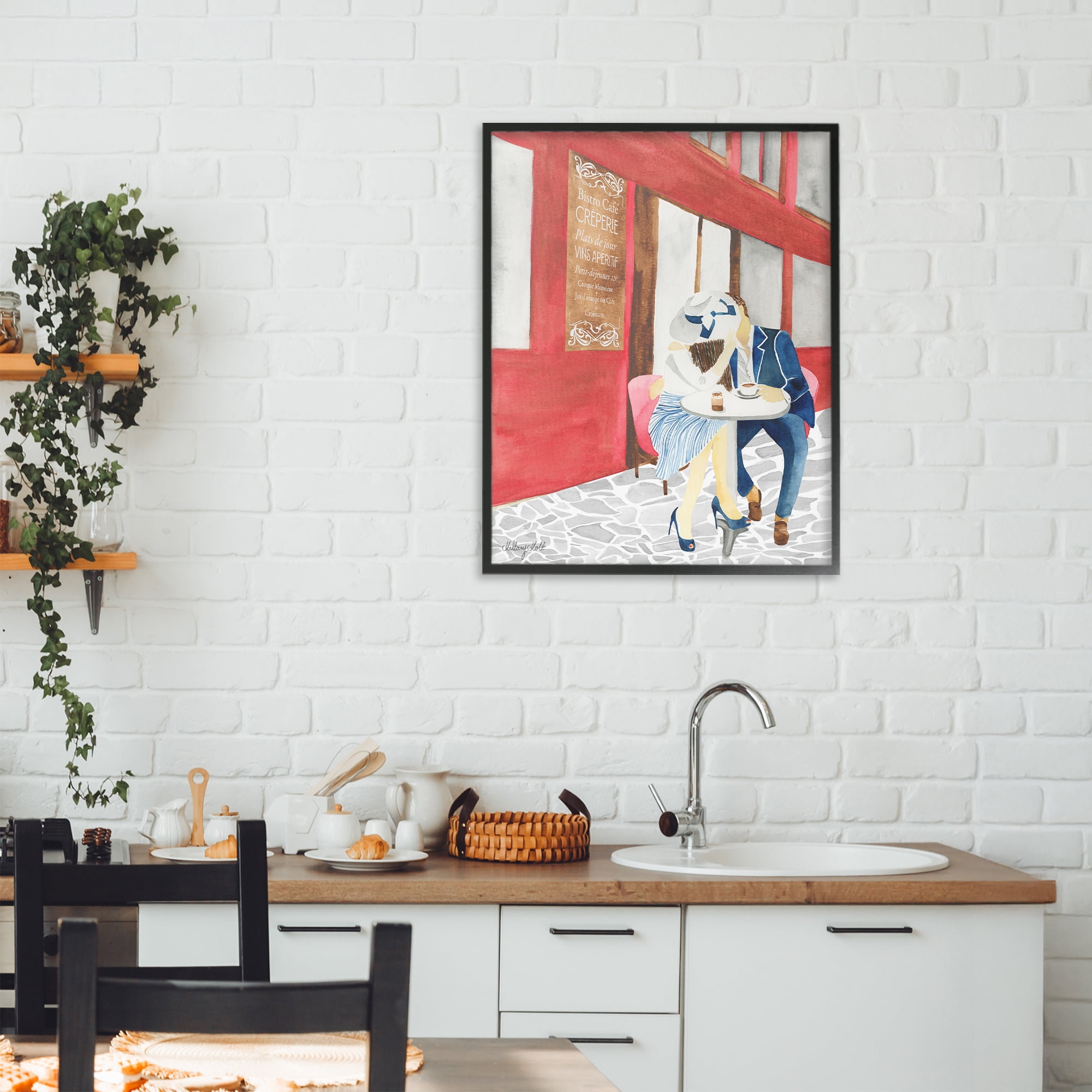 Stupell Industries Kiss At Parisian Cafe Black Framed Giclee Art, design by Hillary Holt