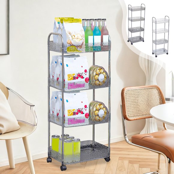 Nsxcdh Four Tier Kitchen Bathroom Shelf,Plastic Material,Gray Clear,35.82x12.79x8.07 in,Movable Trolley,Multi Layer Storage,Stable Structure,Home Organizer