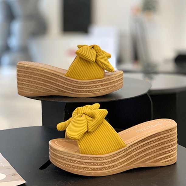 Mujeres Bowknot Beach Summer Pantuflas Plataforma Slope Heels Plus Size Shoes Wmkox8yii hj789