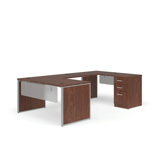 OFM Fulcrum Series Office Furniture Set, 60" U-Shaped Desk with Bridge, Credenza, 3-drawer Filing Cabinet, Leg Panels, Modesty Panels, in Cherry