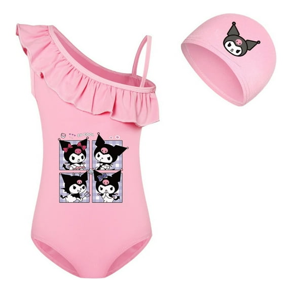 Kuromi One-Shoulder Girls Swimsuit with Cap – Cute Cartoon Swimwear for Kids and Toddlers