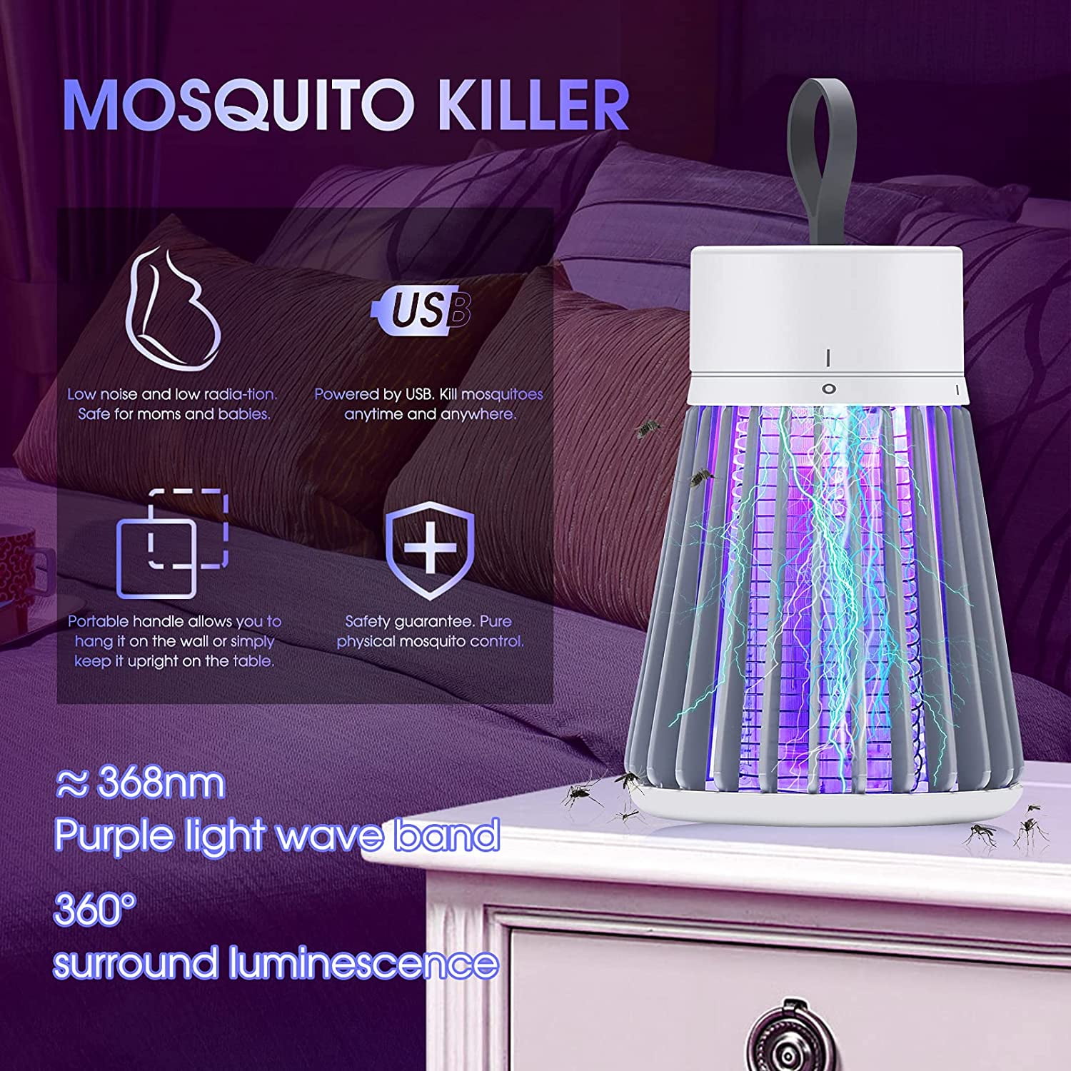 Qremove Bug Zapper,Electric Mosquito Zapper Portable Camp Mosquito Killer Rechargeable Indoor Bug Zapper Outdoor Mosquitoes Light with Hanging Loop,Purple Light Mosquito Trap Up to 6 Hours of Battery 
