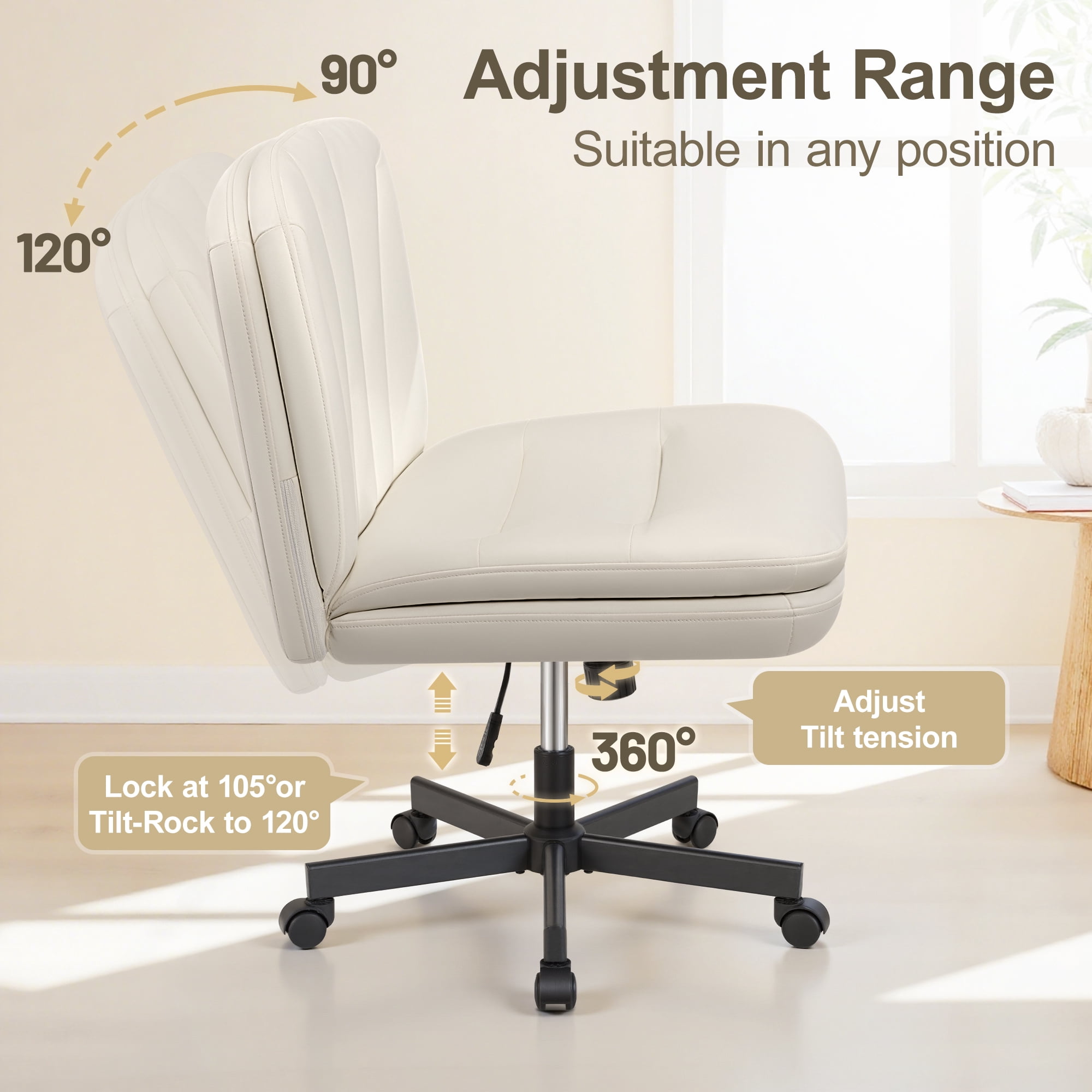 COOLHUT Cross Legged Office Chair with Wheels Armless-Office Desk Chair, Modern Vanity Computer Task Chairs for Home Bedroom, Comfortable Wide Seat for Lower Back Pain Relief, PU Leather, Beige