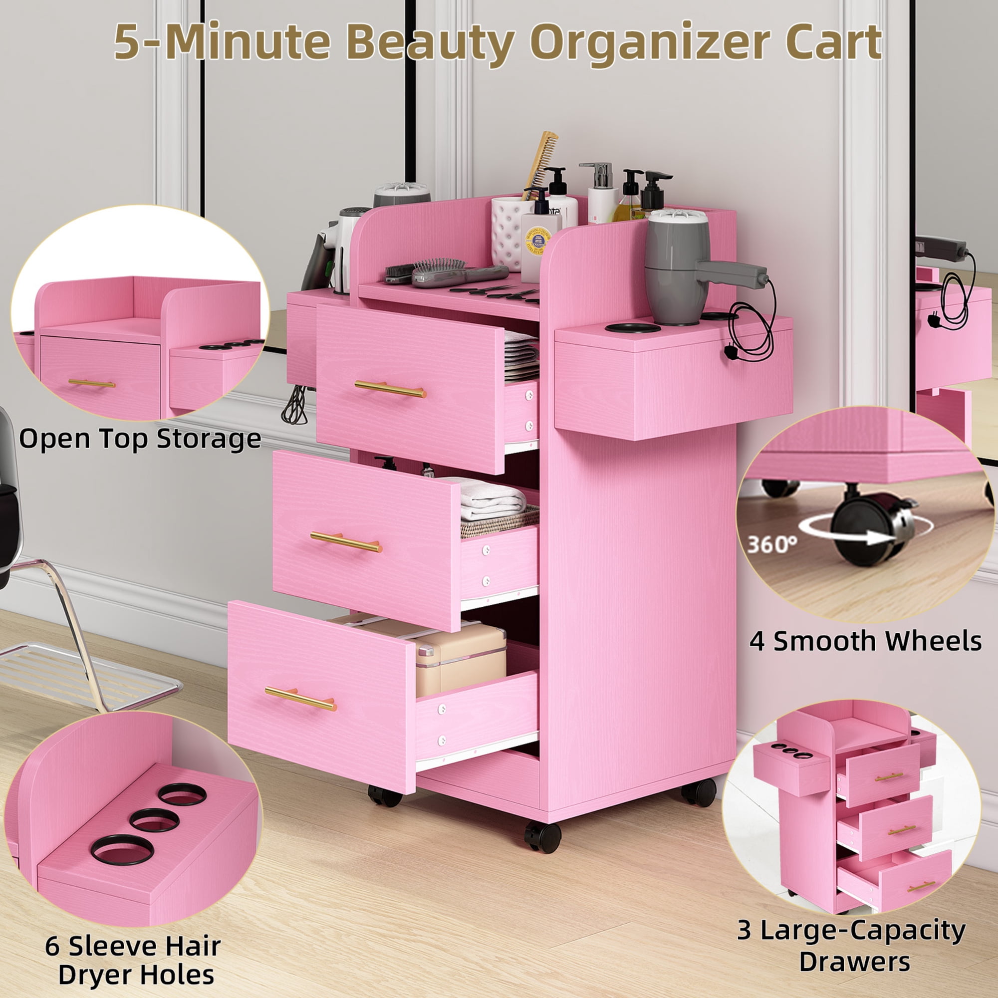 4 EVER WINNER Pink & Gold Barber Storage Cabinet with Gold Handles, Rolling Salon Station with 3 Drawers & 6 Tool Holders, Stylish Movable Cart for Hair Styling Tools