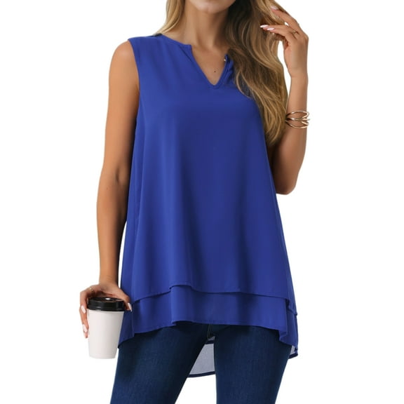 DARING DIVA Women's Chiffon V Neck Sleeveless Double Layer Tank Top S Royal Blue