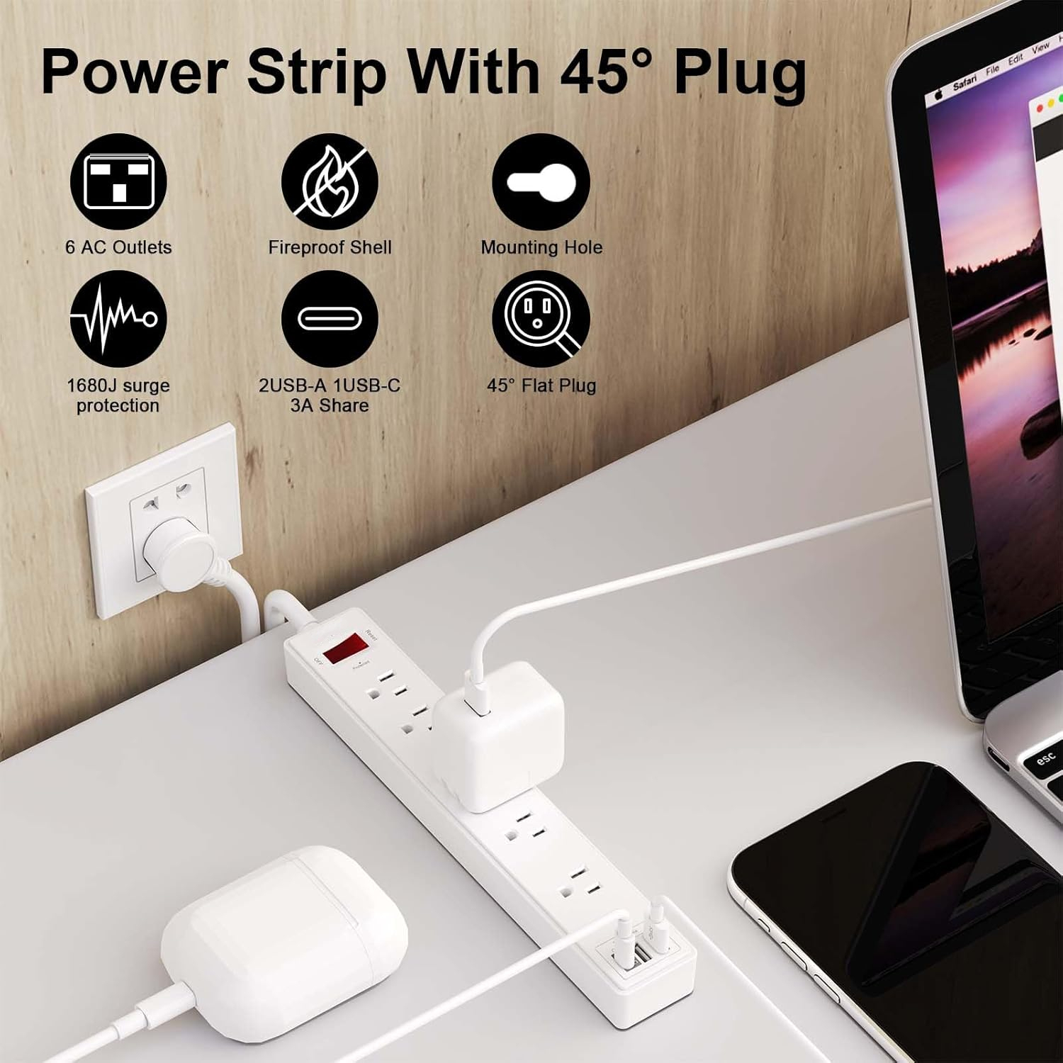 A house of tools 6 Ft Power Strip Surge Protector Extension Cord with 6 AC Outlets and 3 USB Ports for Home, Office, Dorm Essentials, 1680 Joules, ETL Listed, White