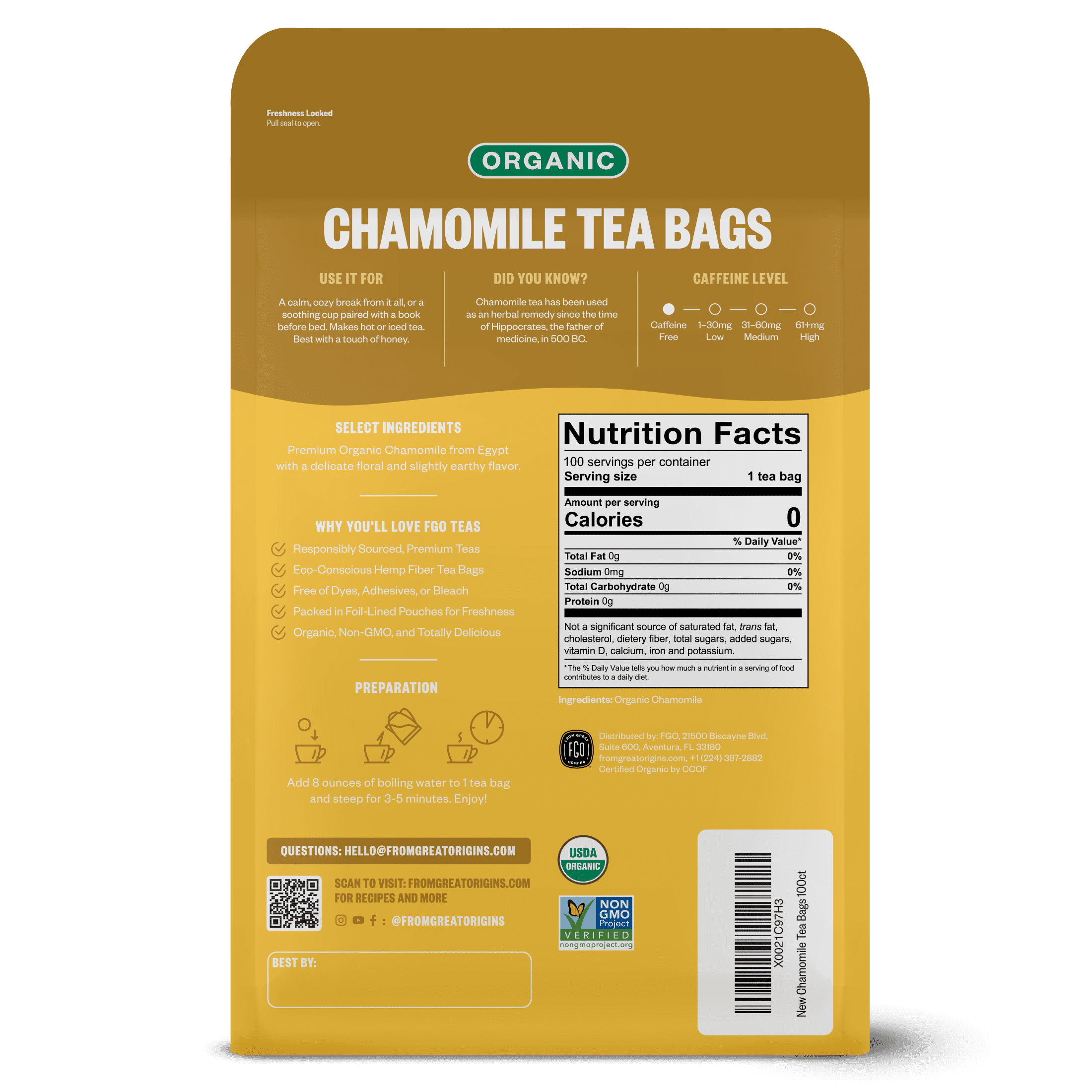 FGO Chamomile Tea, Organic, Eco-Conscious Tea Bags (100 Count)