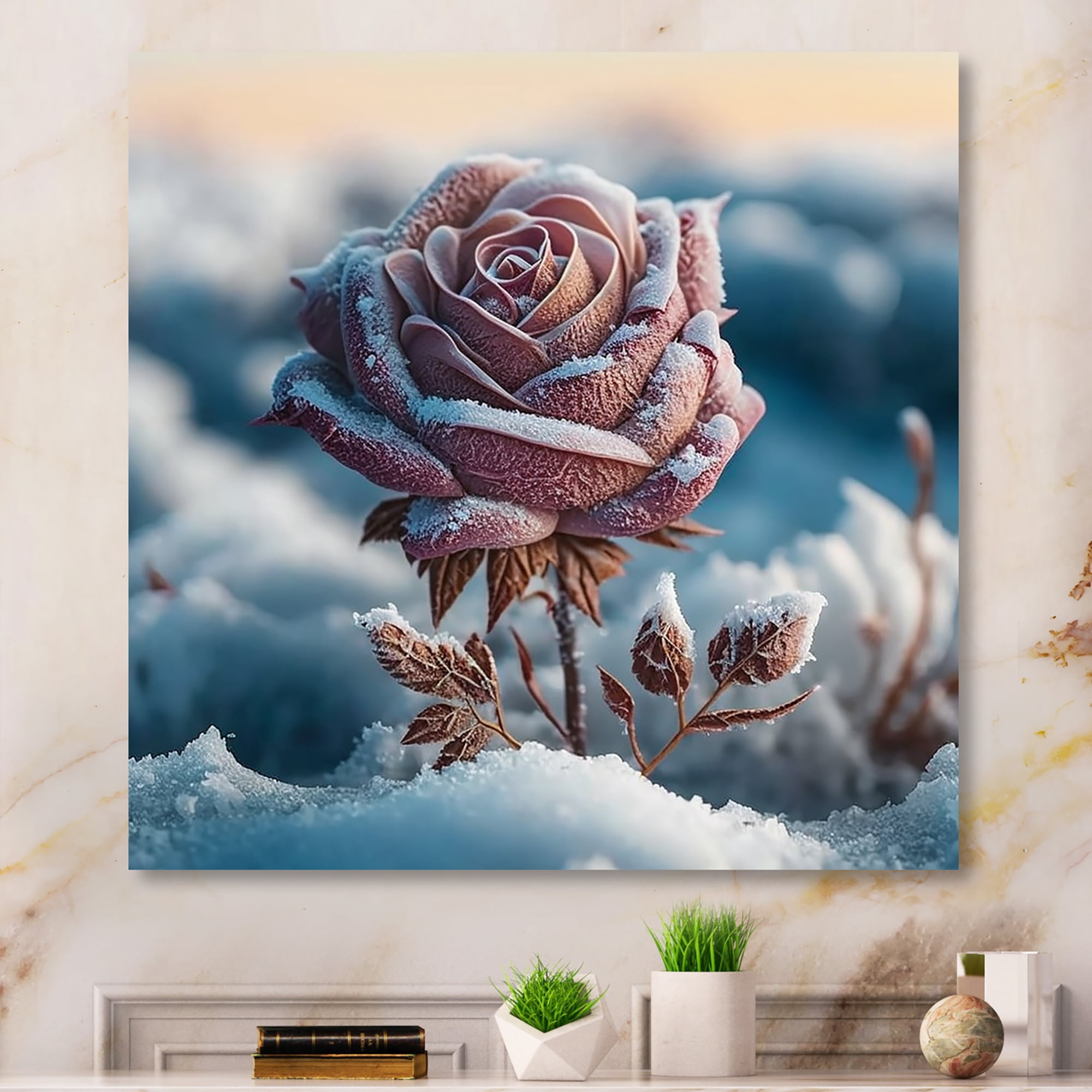 Designart A Blooming Pink Rose Flower In Winter I Canvas Wall Art