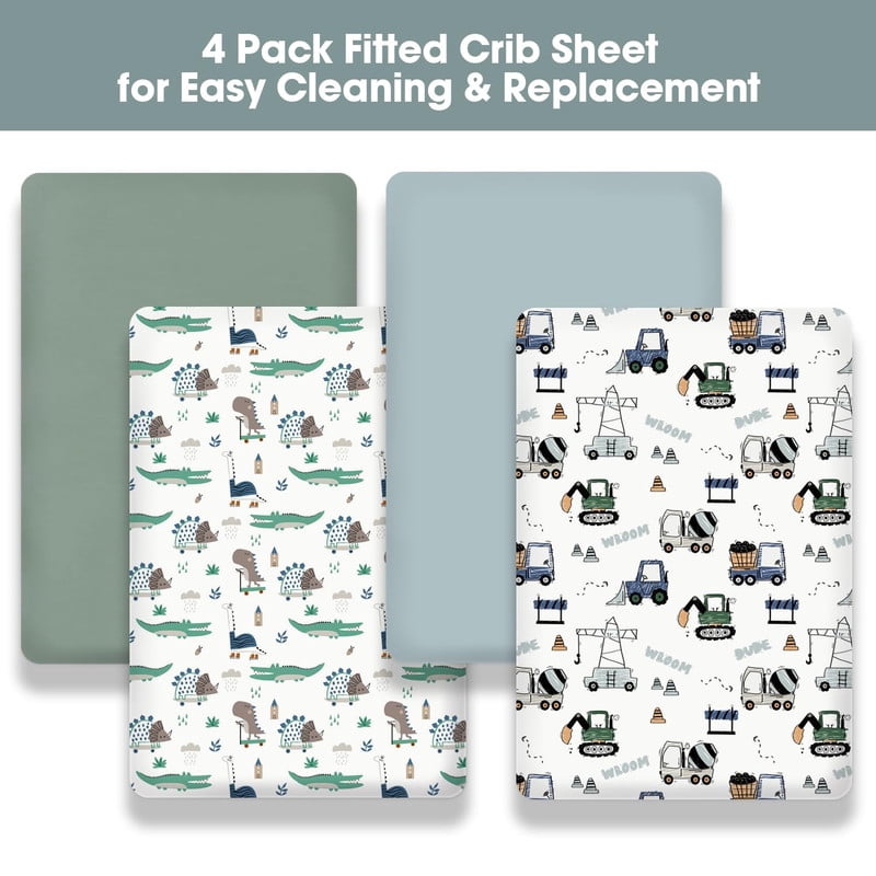 Bimocosy Crib Sheets Fitted 4 Pack for Baby Boys & Girls, Soft Microfiber Toddler Bed Sheets for Standard Crib & Toddler Mattresses 52'’ x 28'' (Truck)