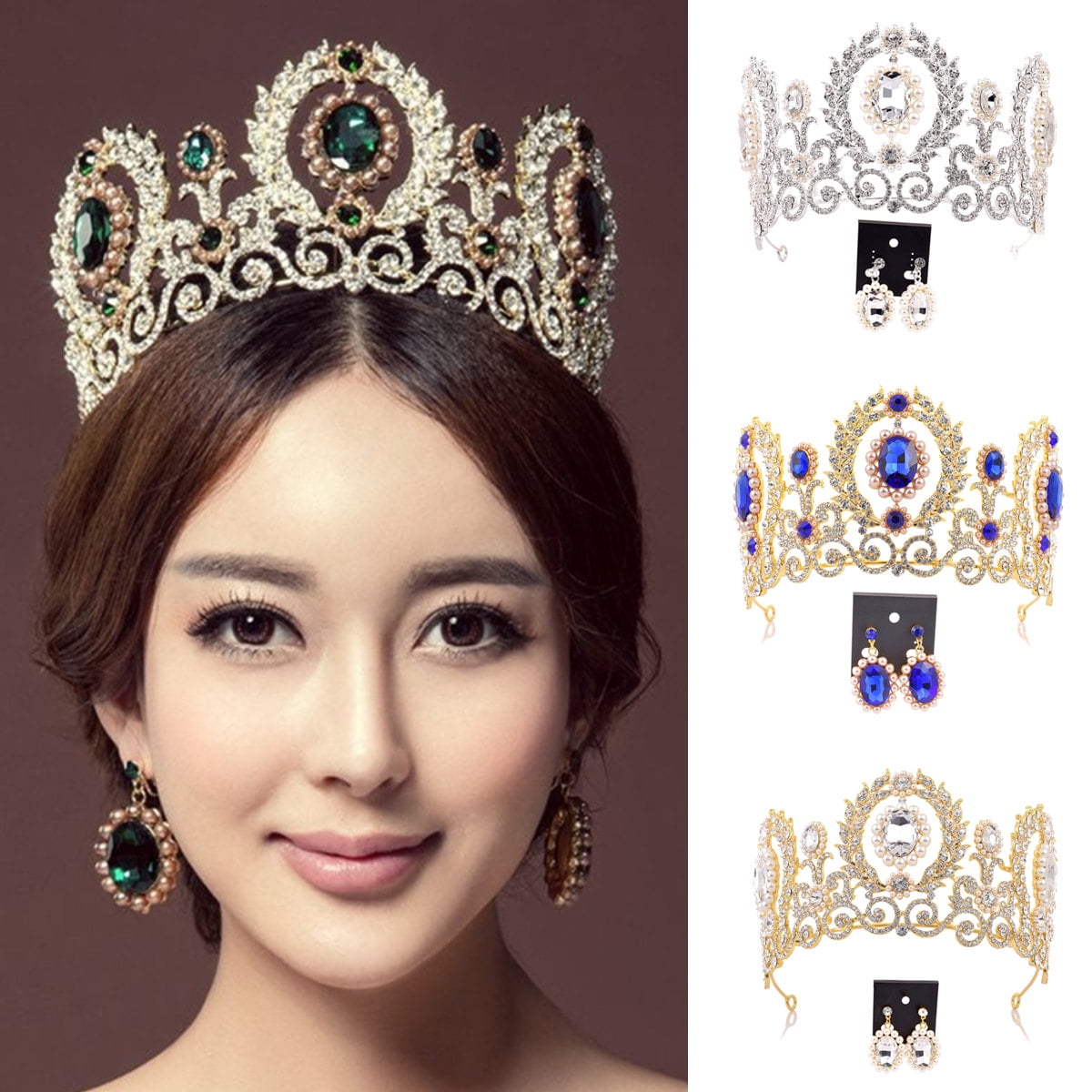 New Fashion Rhinestone Necklace earring Crown Set For Wedding  Headband Bridal 