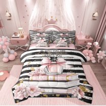 Manfei Elegance Dress Bedding Comforter Set 7 Pieces for Girls, Modern Pink Fashion Full Bedding Set, Romantic Eiffel Tower Reversible Fitted Sheet Flat Sheet, Ultra Soft Home Decor