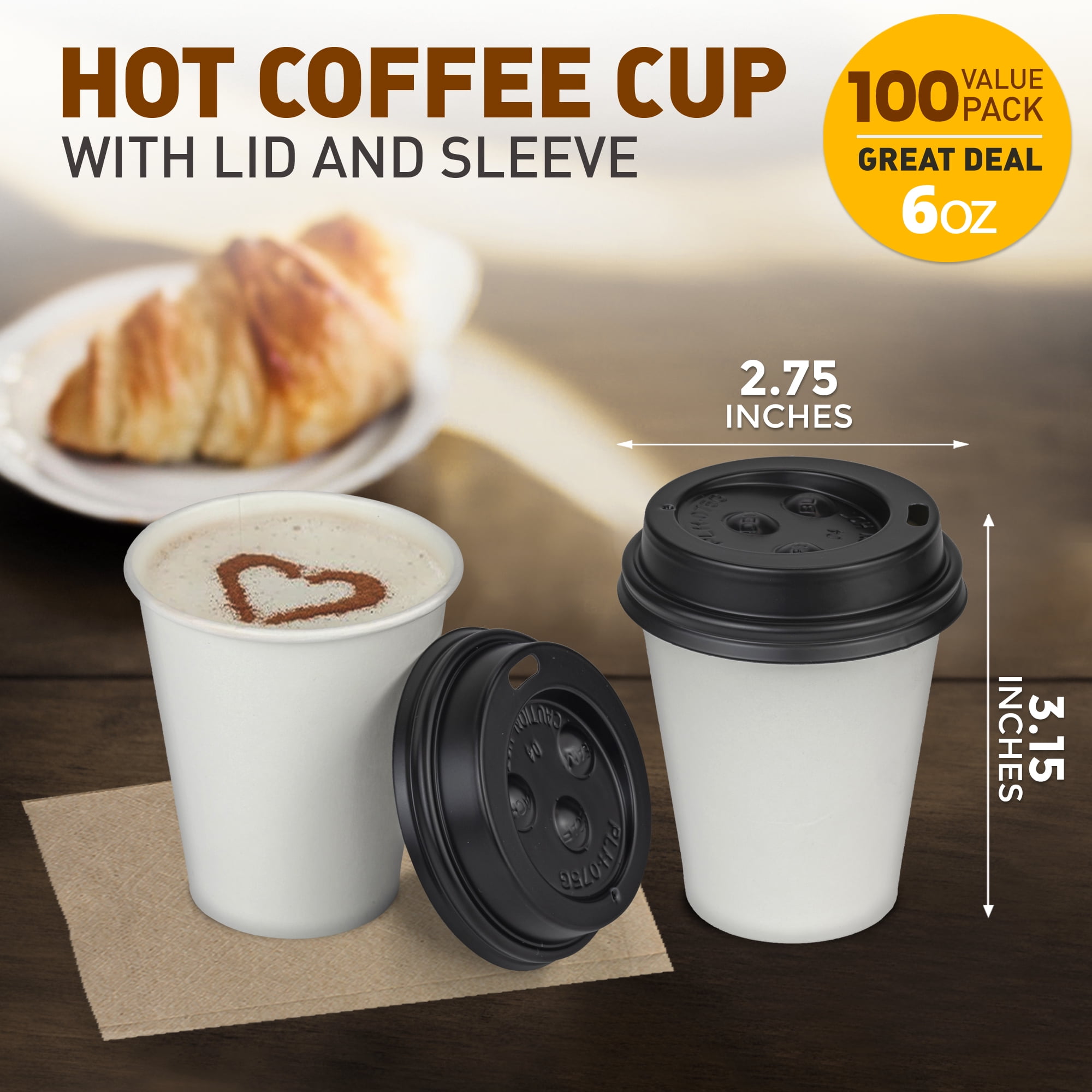 100 Pack] 6 Oz Disposable White Paper Cups with Black Lids -On the Go Hot  and Cold Beverage All-Purpose Sampling Portion Cup for Coffee, Espresso,  Cortado, Latte, Cappuccino and Tea, Food Grade