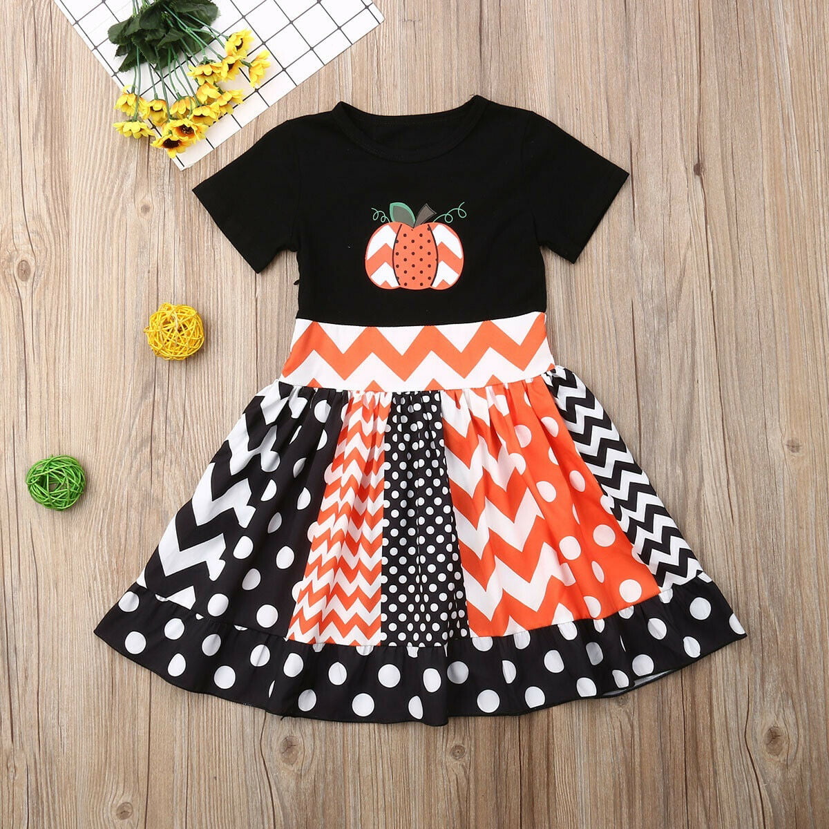 Toddler Baby Girl Polka Dot Pumpkin Dress Halloween Party Summer Casual Sundress 