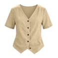 thumbnail image 4 of Yigetop Women's Cotton Linen Button down Shirts V Neck Short Sleeve Loose Fit Breathable Lightweight Solid Color Casual Daily Wear Comfy Summer Tops Khaki XL, 4 of 4