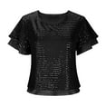 thumbnail image 7 of Sparkly Sequin Tops Womens Ruffled Short Sleeve Glitter Blouses Evening Party Dressy Casual Outfits for Women (M, Black), 7 of 7