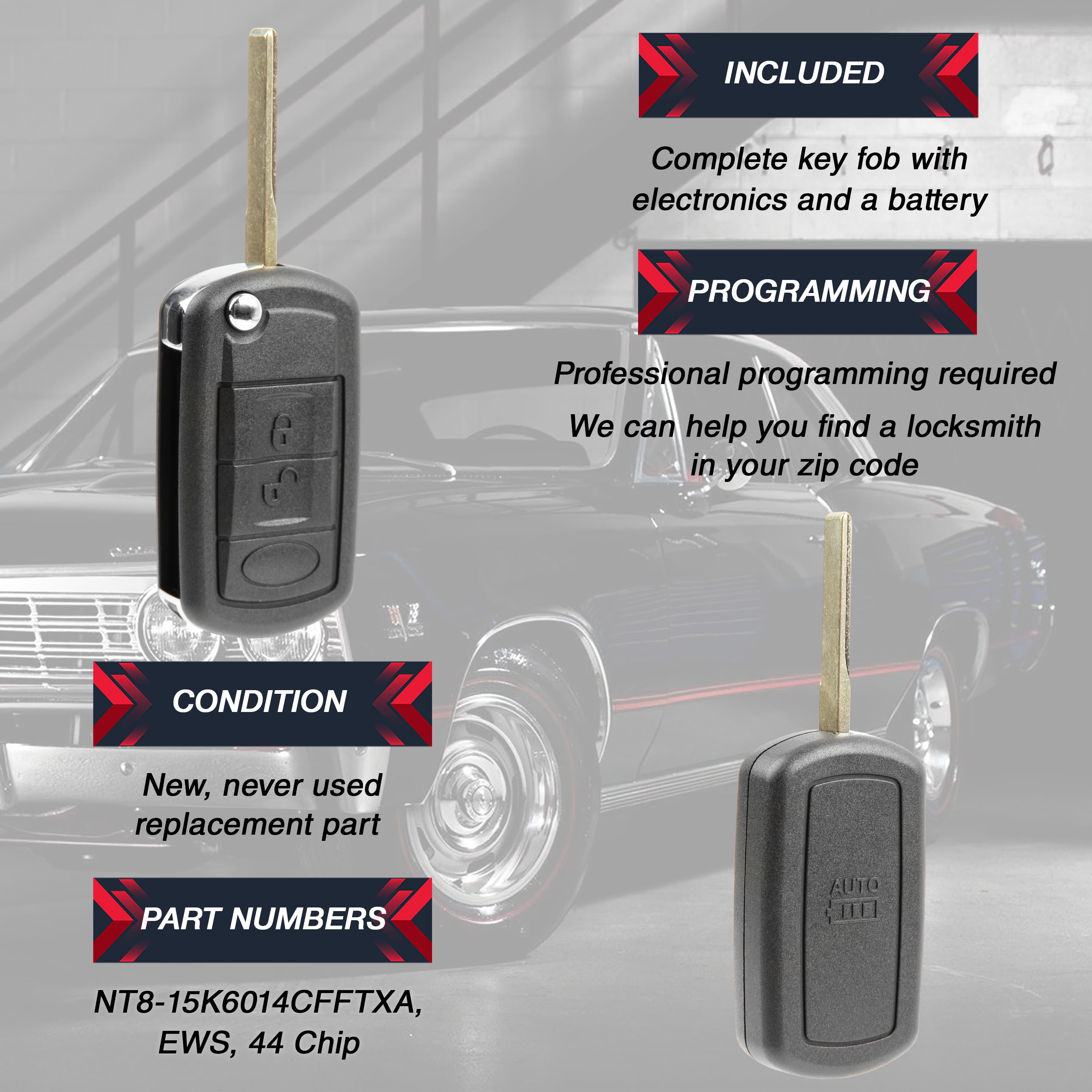 Keyless Entry Remote Key Fob Replacement Wide Blade Flip for 2005-2011 Land Rover LR3 Range Rover Sport (NT8-15K6014CFFTXA, EWS, 44 Chip)