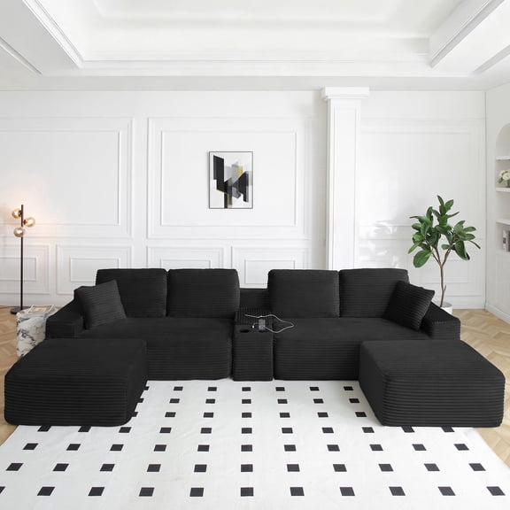 Vanress 150" Modular Sectional Sofa Couch for Living Room, Corduroy Boneless Sofas, Oversized Modern Cloud Couch, U Shape Couches Deep Seat with USB Ports and Cup Holders, Black