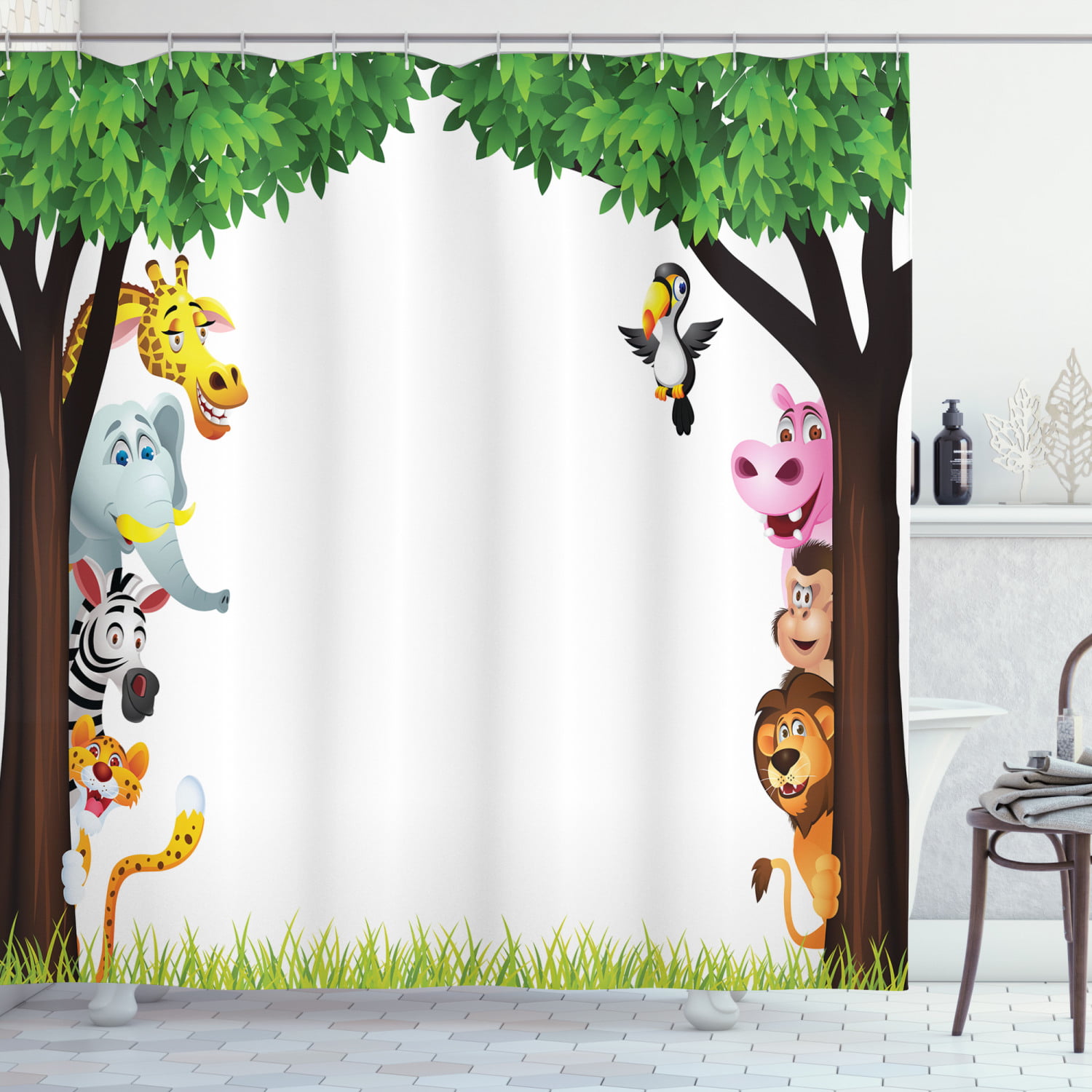 Cartoon Animals Party Jungle Waterproof Fabric Shower Curtain Set Bathroom Decor 