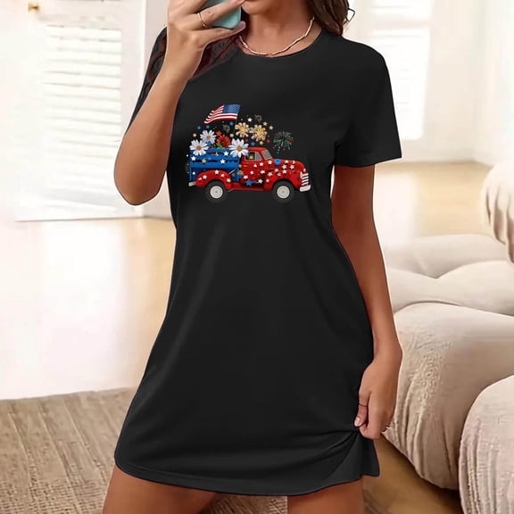 Elvqul Nightgowns for Women Pajamas Dress for Women Black Pull on Short Sleeve Short Nightgowns