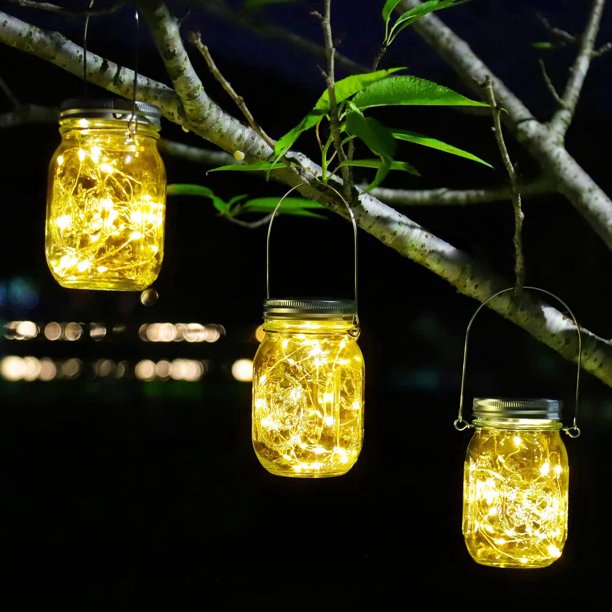 Luces solares para exteriores, 3 piezas, luces solares para jardín, 20 LED, luces de jardín impermeables en tarro de masón para iluminación interior y exterior, decoración navideña (blanco cálido)