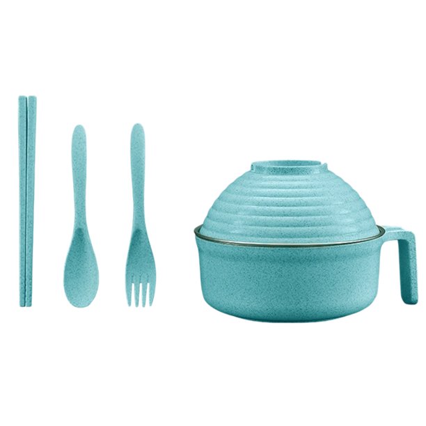 Juego de cuencos para fideos instantáneos, cuenco de paja biodegradable con tapa y asa, juego de utensilios portátil, cuenco para cereales