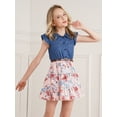 thumbnail image 3 of renvena Kids Girls Ruffle Sleeve Denim Tops Floral Print Skirt Sundress Buttons Down Dress with Belt for Birthday Holiday Size 2-14 Pink 4, 3 of 7