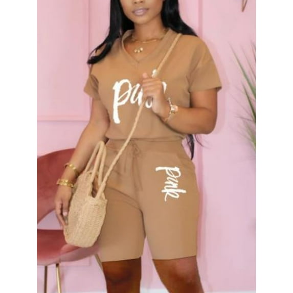 Lovelywholesale Women's Pink Letter Print Drawstring Shorts Set