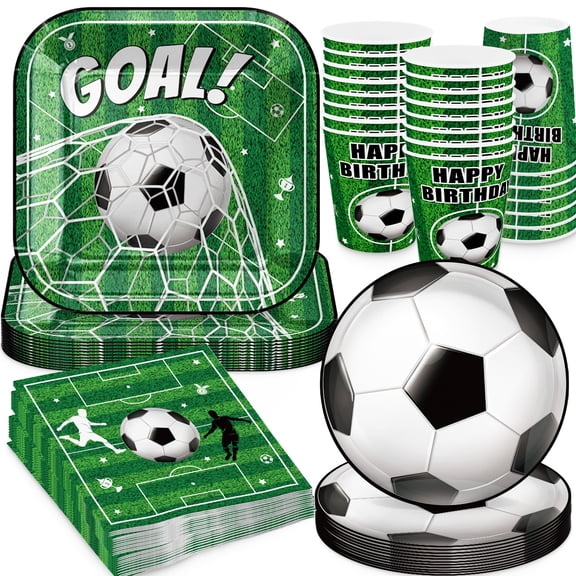 96 Pcs Soccer Birthday Party Supplies for 24 Guests Includes 7 Inch /9 Inch Soccer Paper Plate Disposable Cups and Napkins for Soccers Birthday Tableware Set Sports Party Decorations