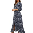 thumbnail image 1 of Qarigey Vestido de mujer con cuello en V y manga 3/4 Vestido largo con estampado de manga larga Ropa de cintura alta Vestidos Azul oscuro M, 1 of 6