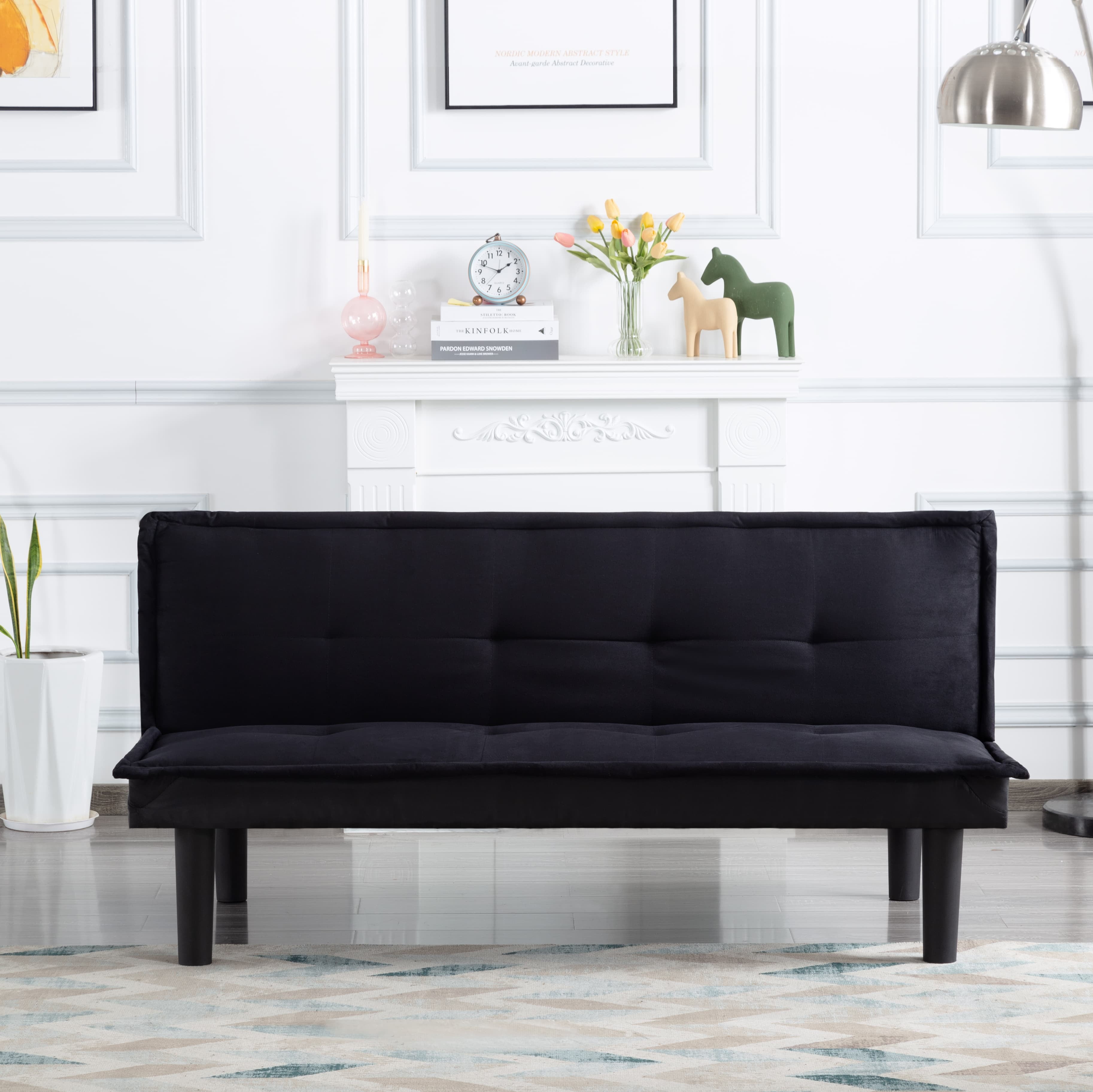 BSHTI 63.8 inch Futon Sofa Bed，Black Faux Suede Upholstered Sofa Couch,Convertible Sleeper Futon Sofa Bed for Livingroom
