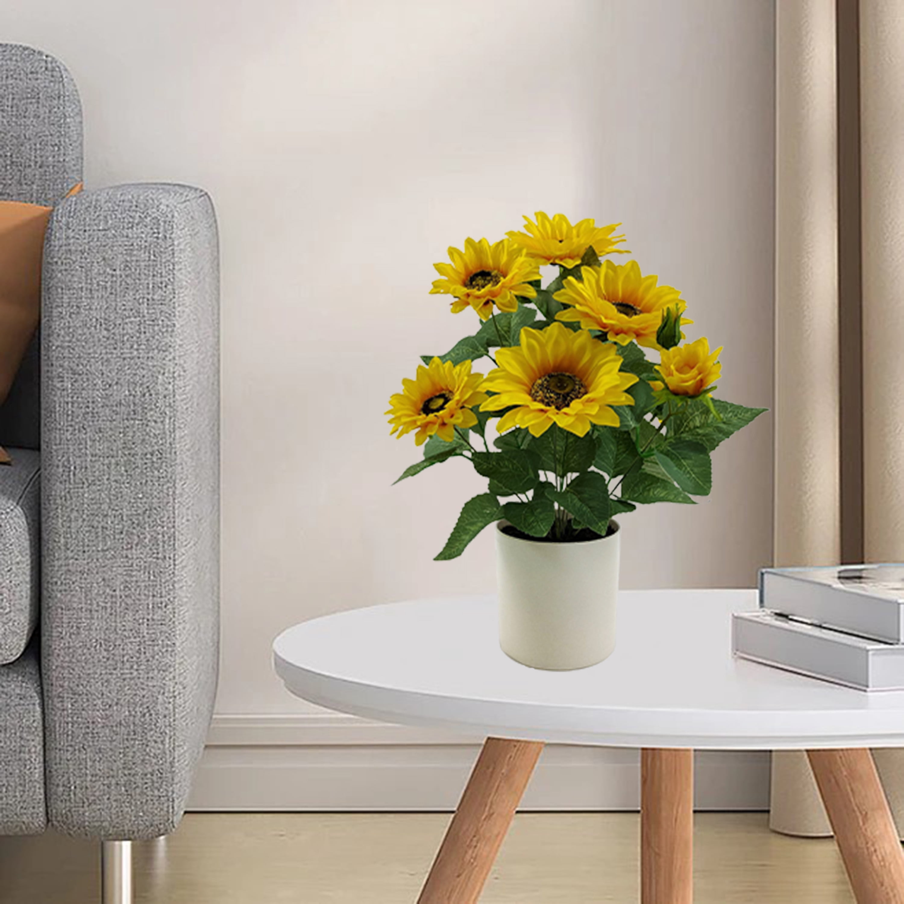 Mainstays Indoor 15 in Artificial Polyester Sunflower in Plastic White Pot, Yellow Color.