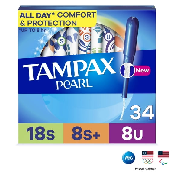 Tampax Pearl Tampons Trio Multipack, with LeakGuard Braid, Super/Super Plus/Ultra Absorbency, Unscented, 34 Count