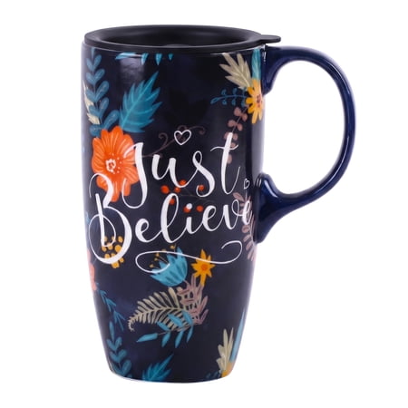 Topadorn Just Believe Floral Ceramic Travel Mug 17oz Inspirational Quote & Botanical Print Spill-Resistant Lid Microwave & Dishwasher Safe Gift Boxed