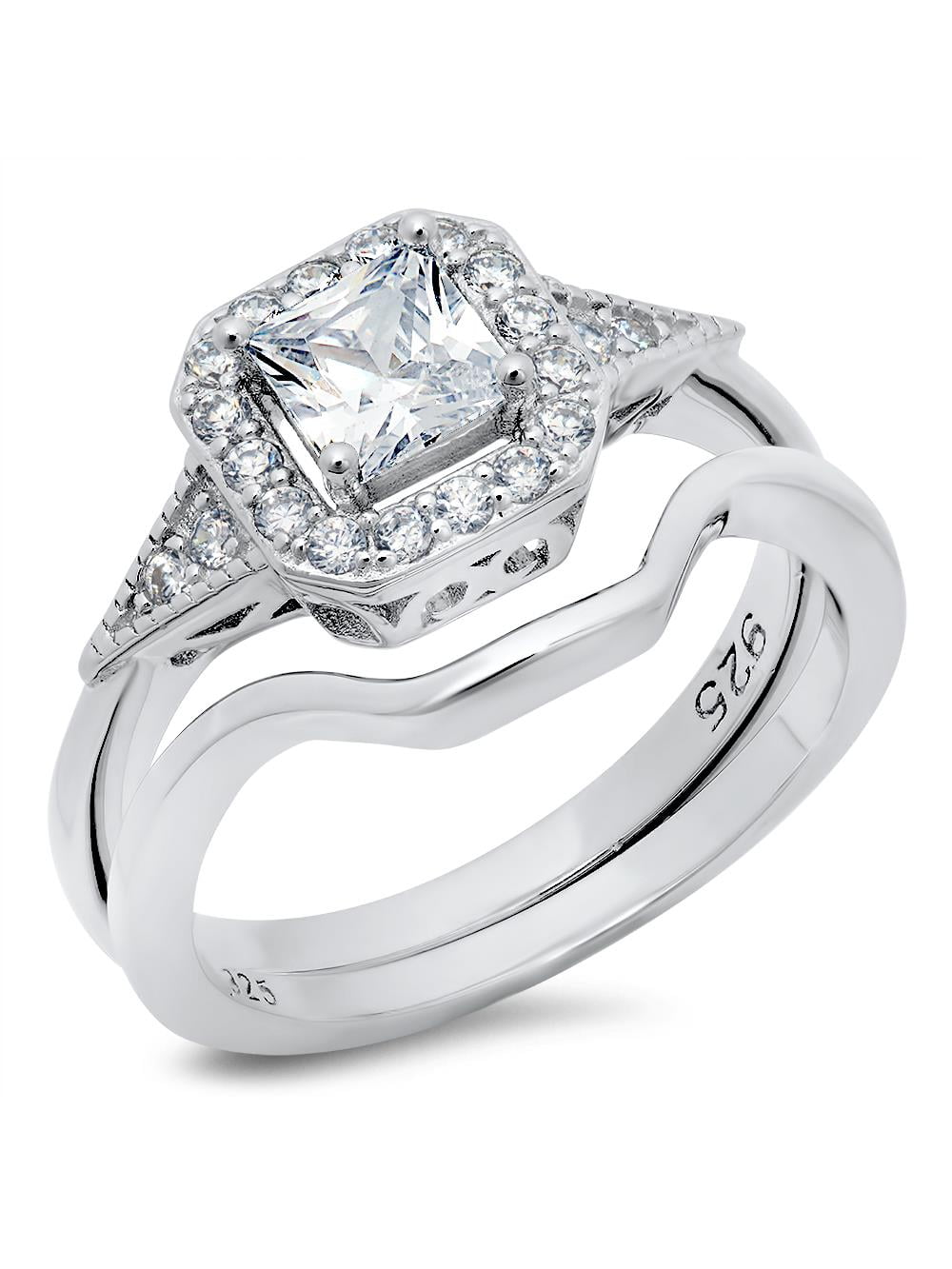 Princess Kylie Halo Set Oval Clear Cubic Zirconia Simple Bridal Ring Sterling Silver