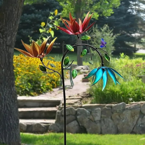 Metal Flower Butterfly Windmill Large Metal Wind Turbine With Three Rotating Flowers Butterfly Windmill Decoration Outdoor Courtyard Garden Art Decoration