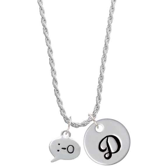 Delight Jewelry Silvertone Emoticon :-O - Surprise - Silvertone Script Initial Disc - D - Charm Necklace, 20"+3"
